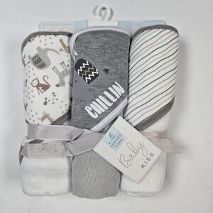 Baby Kiss Hooded Towel Unisex Gray 3 Pack Safari Elephant Chillin Bath Set Gift